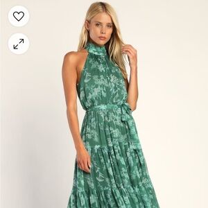 EUC LULUS Float to You Green Floral Print Halter Tiered Midi Dress